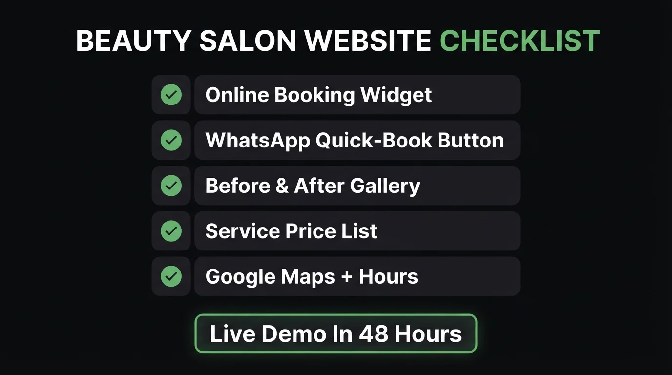 Beauty salon and spa website checklist — online booking widget, WhatsApp quick-book, before-after gallery, service price list, Google Maps and hours